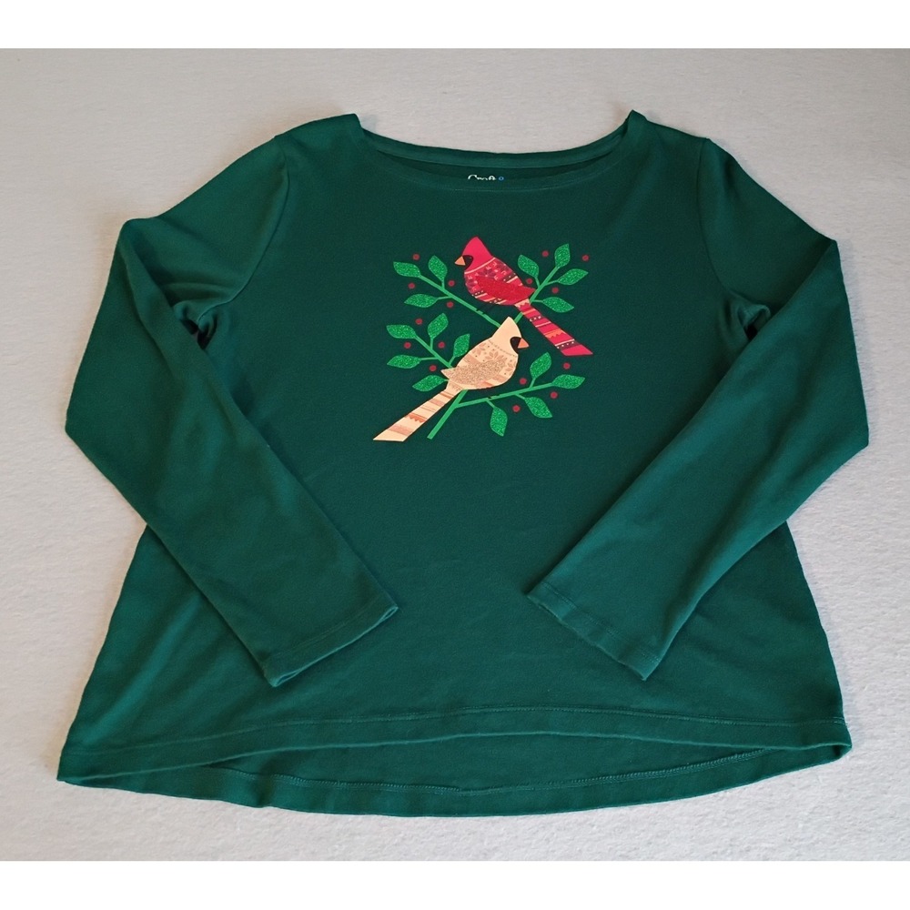 Croft & Barrow Christmas Cardinals Green The Classic Tee Long Sleeve Sz Small